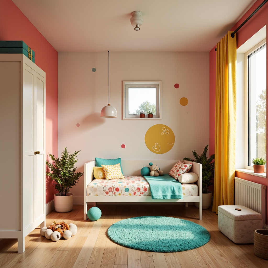 Prompt: Vibrant kids' bedroom, playful color scheme, soft pastel hues, gentle coral walls, creamy white furniture, bright turquoise accents, whimsical polka dots, cheerful yellow curtains, fun geometric patterns, cozy reading nook, plush area rug, natural wood floor, warm task lighting, 1/1 composition, shallow depth of field, realistic textures.