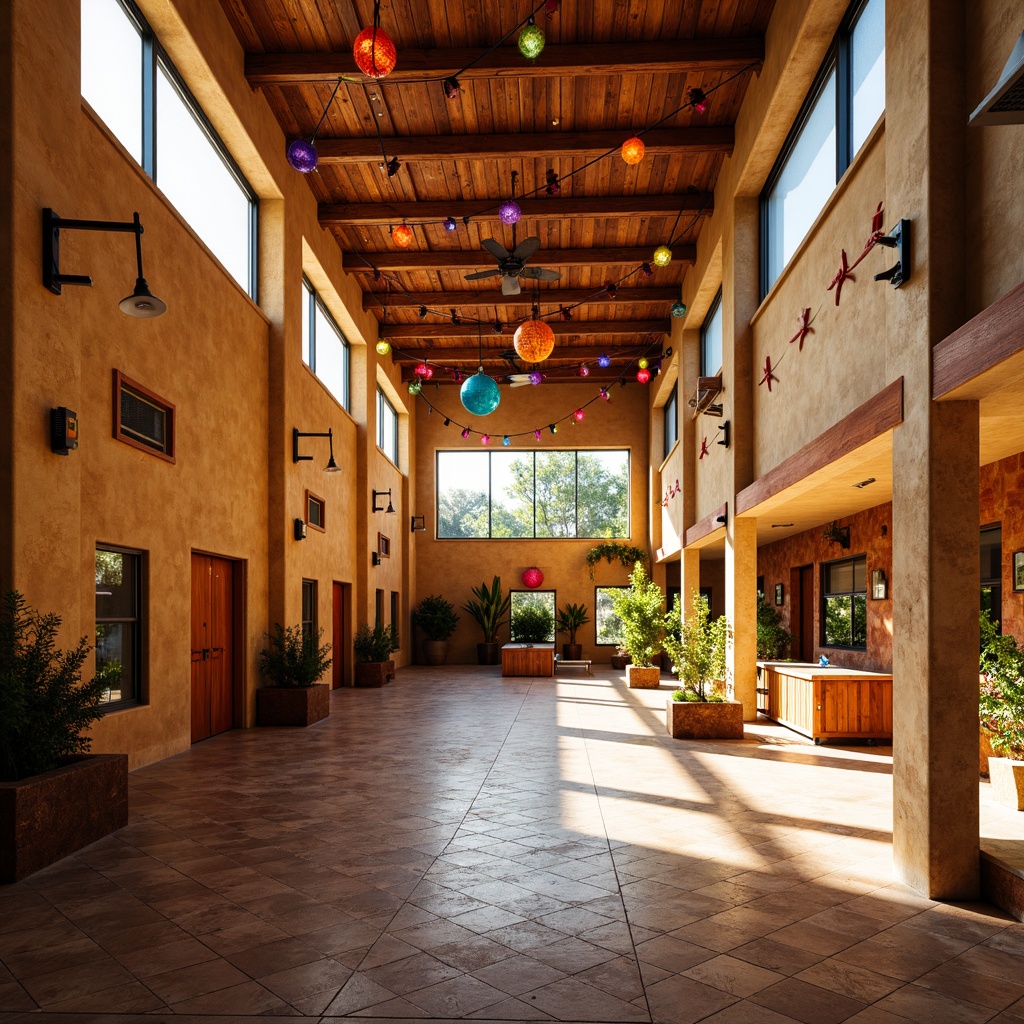 Prompt: Vibrant southwestern-themed gymnasium, exposed wooden beams, earthy tone walls, rustic metal accents, natural stone flooring, large skylights, abundant daylight, warm softbox lighting, suspended lantern-style fixtures, LED color-changing lights, dynamic shadows, high-contrast ratios, 1/2 composition, atmospheric perspective, realistic textures, subtle ambient occlusion.