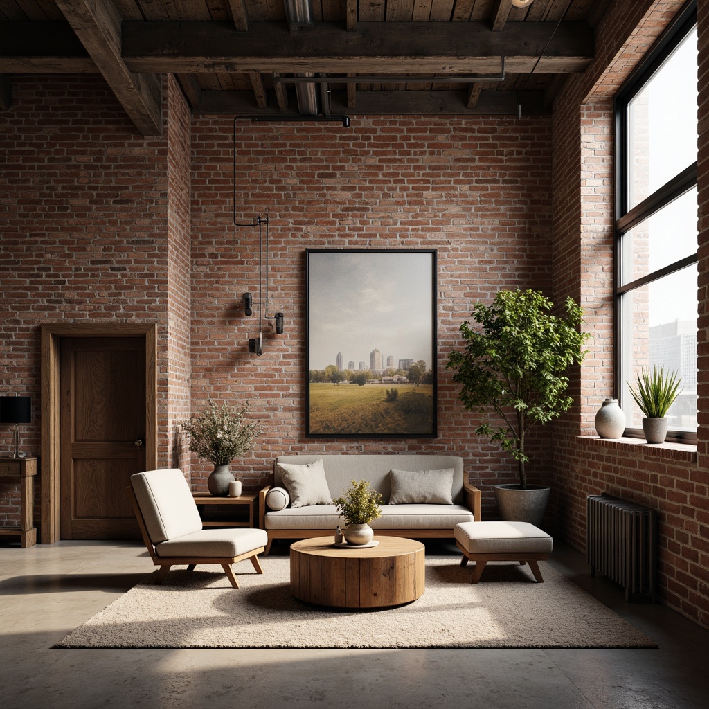 Prompt: Exposed brick walls, industrial chic, urban loft atmosphere, distressed wood accents, metal beams, reclaimed lumber, earthy tones, muted pastels, warm neutrals, rich textures, soft indirect lighting, atmospheric shadows, 3/4 composition, cinematic mood, realistic renderings, ambient occlusion.