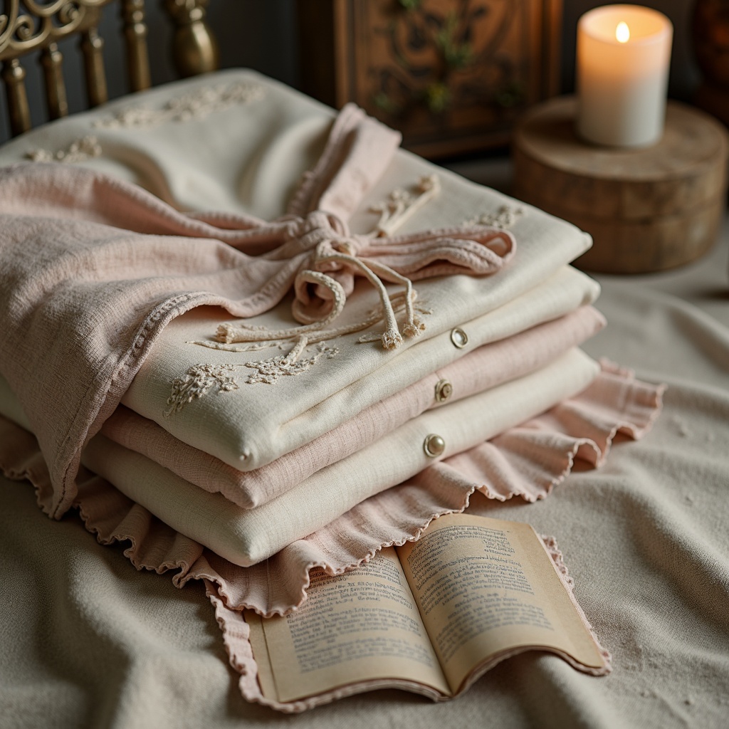 Prompt: Distressed vintage fabrics, soft pastel hues, lace trims, floral patterns, ruffled edges, linen textiles, natural fibers, subtle sheen, warm beige tones, rustic wooden furniture, ornate metal frames, delicate porcelain accents, romantic candlelight, 1/1 composition, shallow depth of field, warm soft focus.