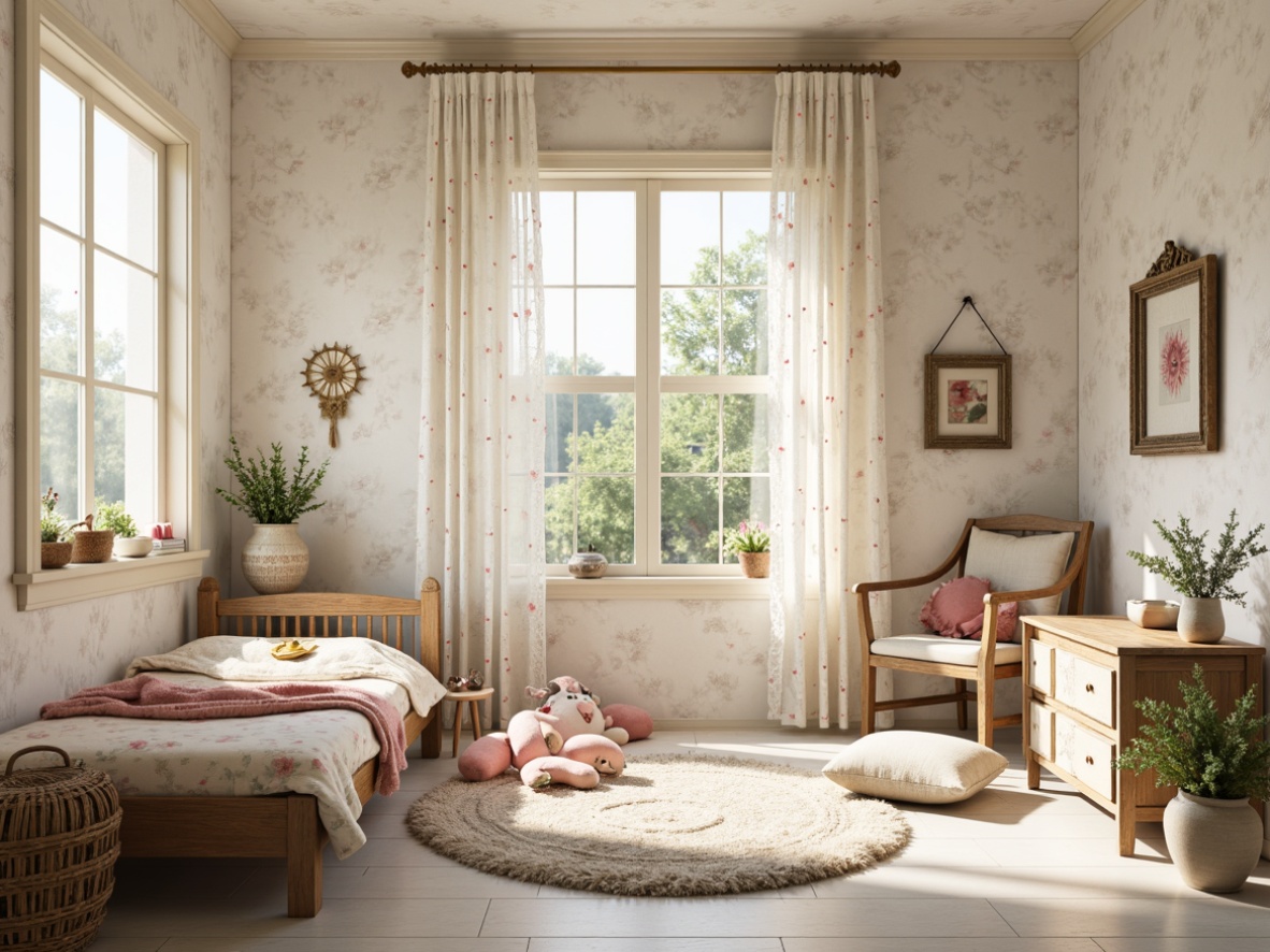 Prompt: Whimsical kid's bedroom, soft pastel hues, distressed wood accents, vintage floral patterns, lace curtains, rustic wooden furniture, creamy white walls, textured stucco finishes, ornate gold frames, playful polka dots, gentle cream-colored trim, subtle sparkle elements, cozy reading nook, plush area rug, warm beige tones, natural light pouring in, 1/1 composition, inviting atmosphere, realistic textures.