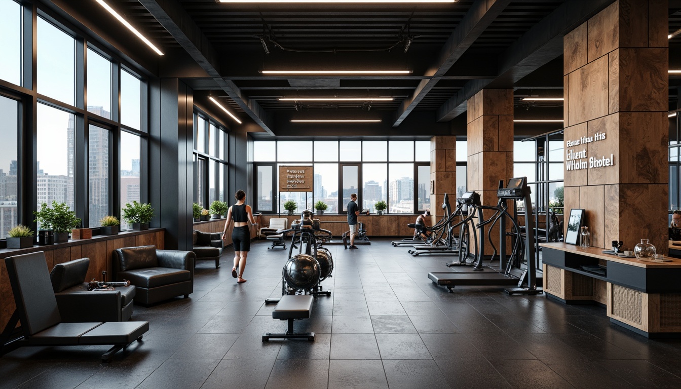 Prompt: Modern home gym, sleek equipment, rubber flooring, mirrored walls, LED lighting, industrial chic decor, metal beams, reclaimed wood accents, minimalist color scheme, functional storage units, ergonomic seating, soundproofing materials, high-gloss finishes, motivational quotes, natural ventilation systems, floor-to-ceiling windows, cityscape views, urban loft atmosphere, 3/4 composition, shallow depth of field, realistic textures, ambient occlusion.