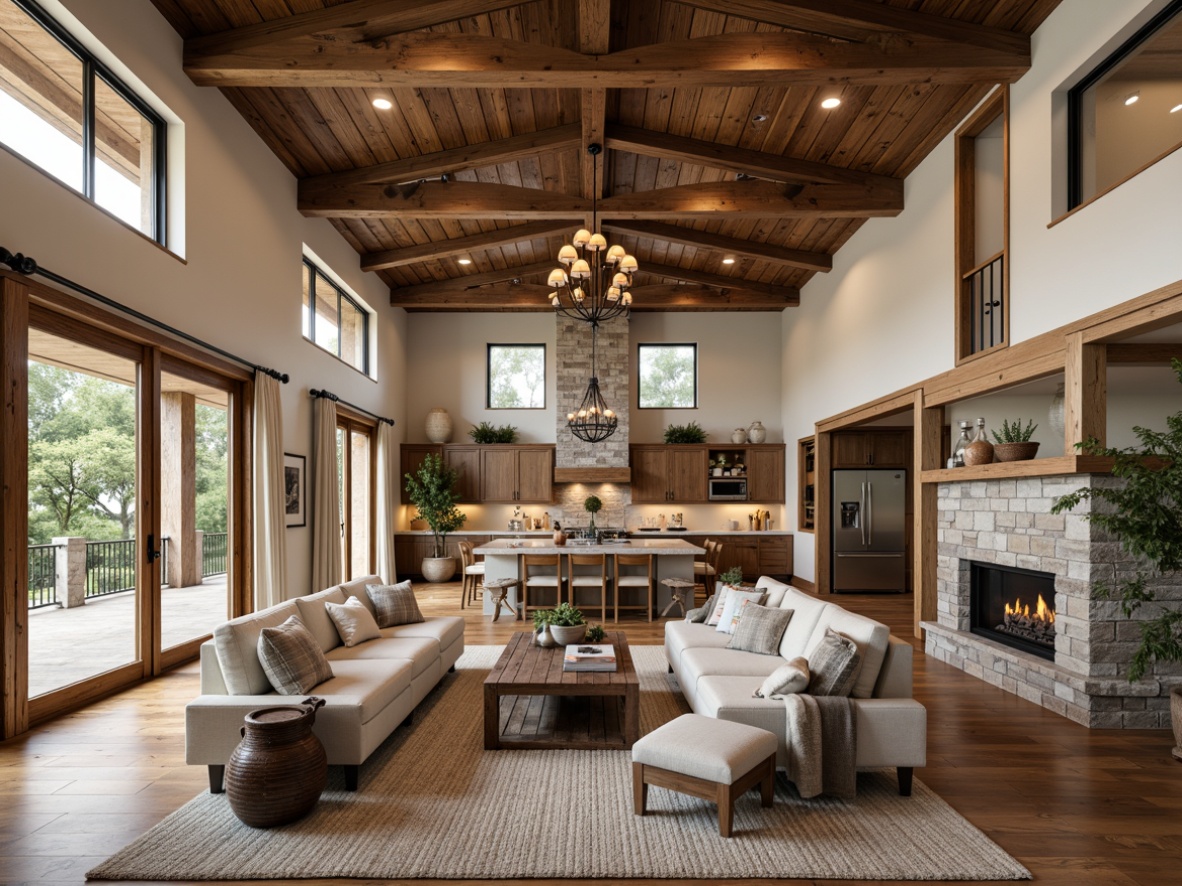 Prompt: Rustic farmhouse, open floor plan, spacious living area, high ceilings, wooden beams, large windows, natural light, country-style decor, vintage furniture, distressed wood accents, earthy color palette, stone fireplace, plush area rug, modern kitchen appliances, kitchen island, pendant lighting, sliding barn doors, panoramic view, shallow depth of field, 1/1 composition, soft warm lighting, realistic textures.