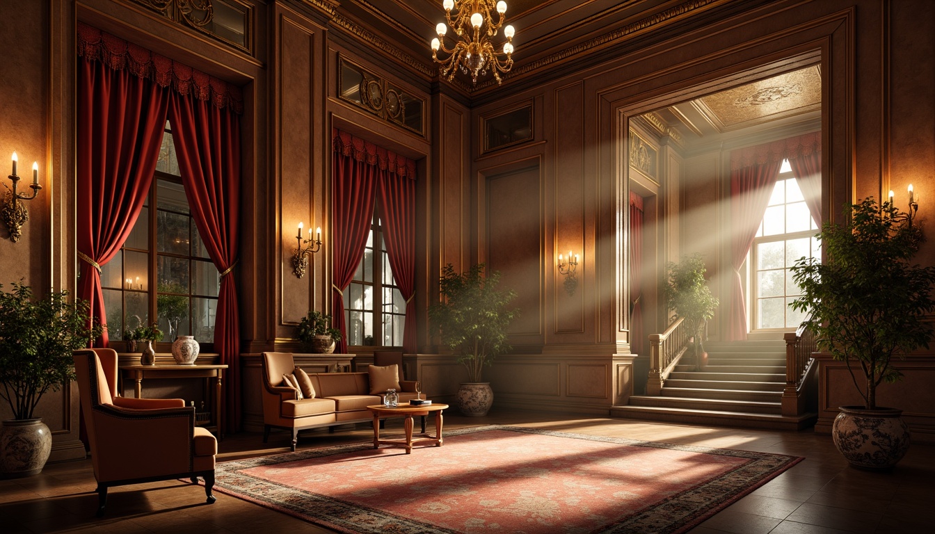 Prompt: Rich wood paneling, ornate mirrors, luxurious velvet drapes, intricately carved wooden furniture, vintage leather armchairs, elegant chandeliers, polished marble floors, stately columns, grand staircases, lavish textiles, warm golden lighting, atmospheric fog effects, 1/2 composition, realistic renderings, ambient occlusion, detailed normal maps.