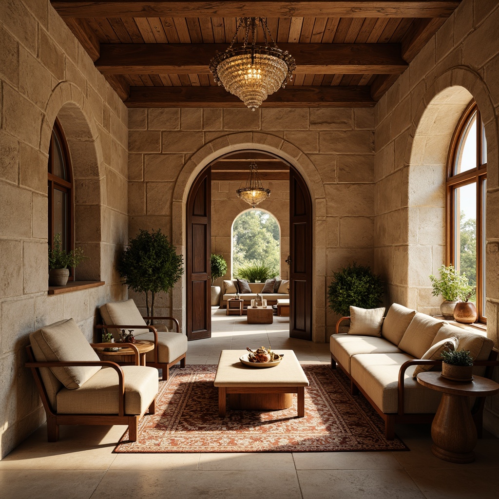 Prompt: Rustic villa interior, textured stone walls, earthy tone color palette, warm beige furniture, ornate wooden doors, arched windows, classic traditional decor, rich velvet fabrics, intricate patterned rugs, grand crystal chandelier, soft golden lighting, shallow depth of field, 1/1 composition, realistic textures, ambient occlusion.