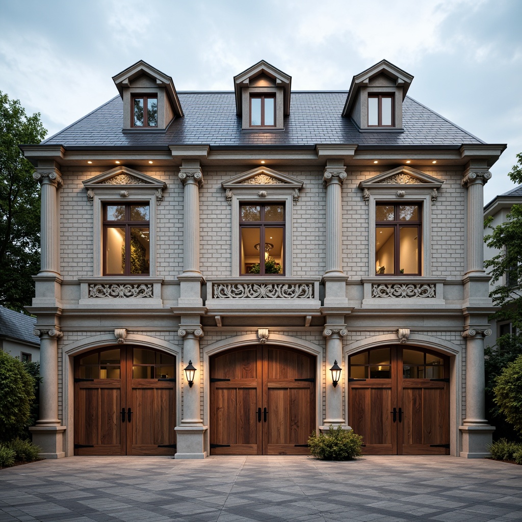 Prompt: Ornate garage facade, symmetrical composition, ionic columns, ornamental pilasters, carved stone details, rusticated base, pedimented roof, dormer windows, classical architraves, decorative friezes, elegant lanterns, traditional brickwork, limestone walls, wooden garage doors, metal hinges, classic roof tiles, soft warm lighting, shallow depth of field, 1/1 composition, realistic textures, ambient occlusion.