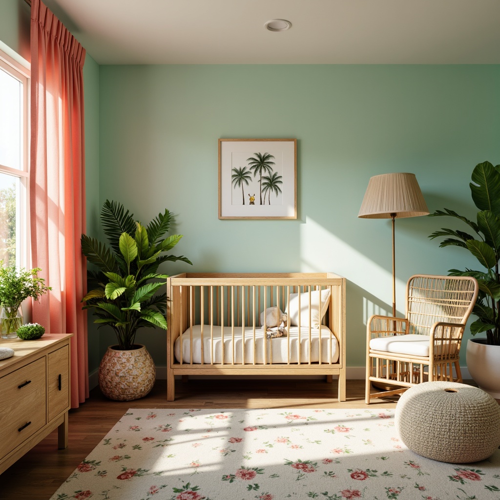 Prompt: Tropical baby nursery, natural wood crib, woven rattan furniture, pastel green walls, soft coral curtains, floral patterned rug, palm tree decor, exotic bird artwork, bright sunny day, warm white lighting, shallow depth of field, 1/1 composition, realistic textures, ambient occlusion, woven bamboo chair, comfortable cushioning, gentle ocean breeze, subtle shell accents, creamy whites, calming aqua hues, lush greenery.