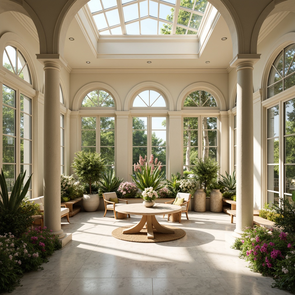 Prompt: Elegant sunroom, classic ornate details, white columns, arched windows, soft cream walls, polished marble floors, lush greenery, blooming flowers, natural stone accents, subtle warm lighting, clerestory windows, high ceilings, symmetrical composition, 1/1 aspect ratio, gentle morning light, warm afternoon glow, soft shadows, realistic textures, ambient occlusion.