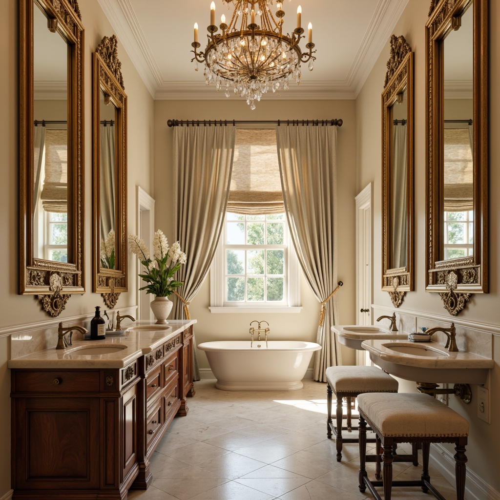 Prompt: Ornate gold mirror frames, intricately carved wooden vanities, soft cream marble countertops, delicate crystal chandeliers, plush velvet upholstered stools, antique bronze faucets, ornamental flower patterns, subtle natural lighting, 1/1 composition, shallow depth of field, warm beige color palette, luxurious textures, refined ambient occlusion.