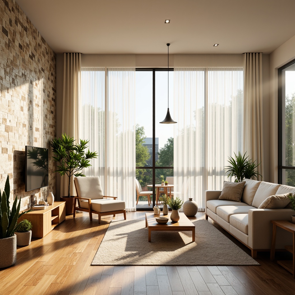 Prompt: Vibrant living room, floor-to-ceiling windows, sheer white curtains, minimal ornamentation, sleek low-profile furniture, polished wooden floors, soft warm beige walls, natural stone accents, abundant greenery, potted plants, sunny day, gentle diffused light, shallow depth of field, 1/1 composition, realistic textures, ambient occlusion.