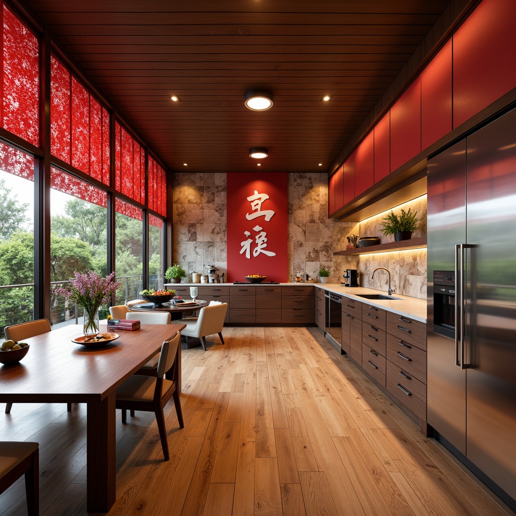 Prompt: Vibrant Asian-inspired kitchen, traditional Chinese motifs, bold red accents, natural stone backsplash, sleek modern cabinets, stainless steel appliances, warm wooden flooring, subtle lighting fixtures, shallow depth of field, 1/1 composition, panoramic view, realistic textures, ambient occlusion.