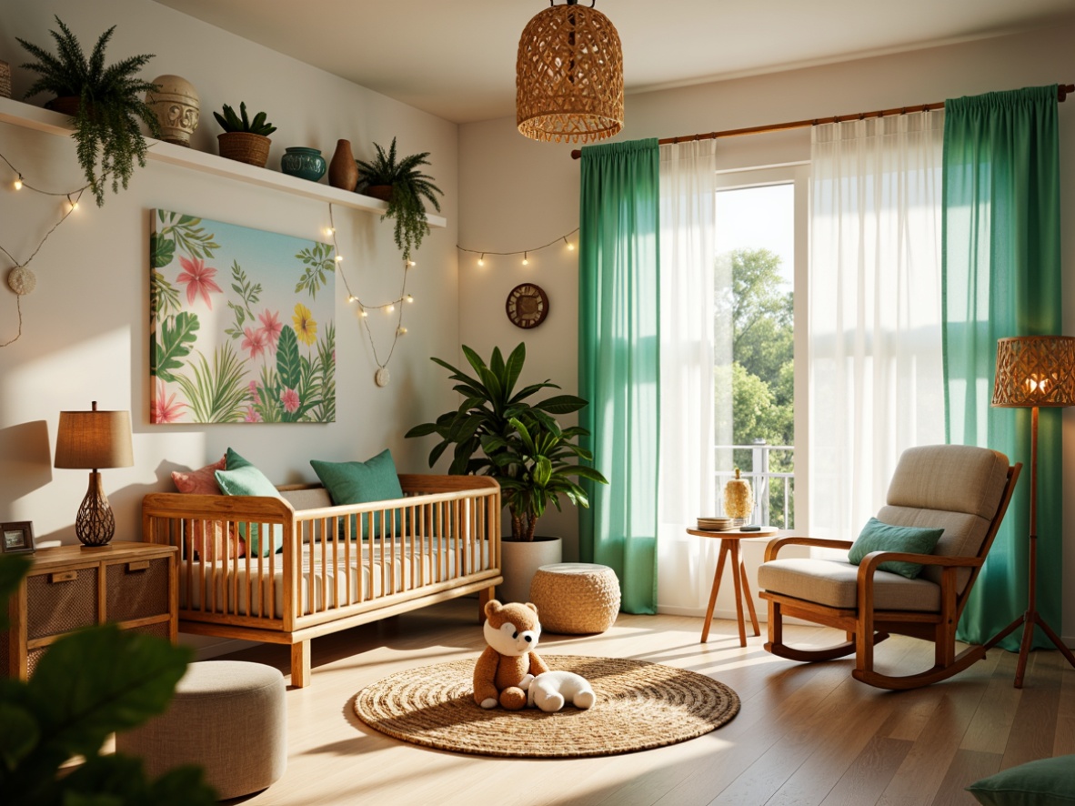 Prompt: Vibrant tropical nursery, soft pastel colors, natural wood accents, woven bamboo crib, plush toy animals, exotic floral patterns, warm white lighting, table lamps with rattan shades, floor lamps with palm tree designs, string lights with seashell details, sheer curtains with leaf motifs, cozy reading nook, comfortable glider rocker, sunny day, warm gentle lighting, shallow depth of field, 1/2 composition, soft focus effect, realistic textures, ambient occlusion.