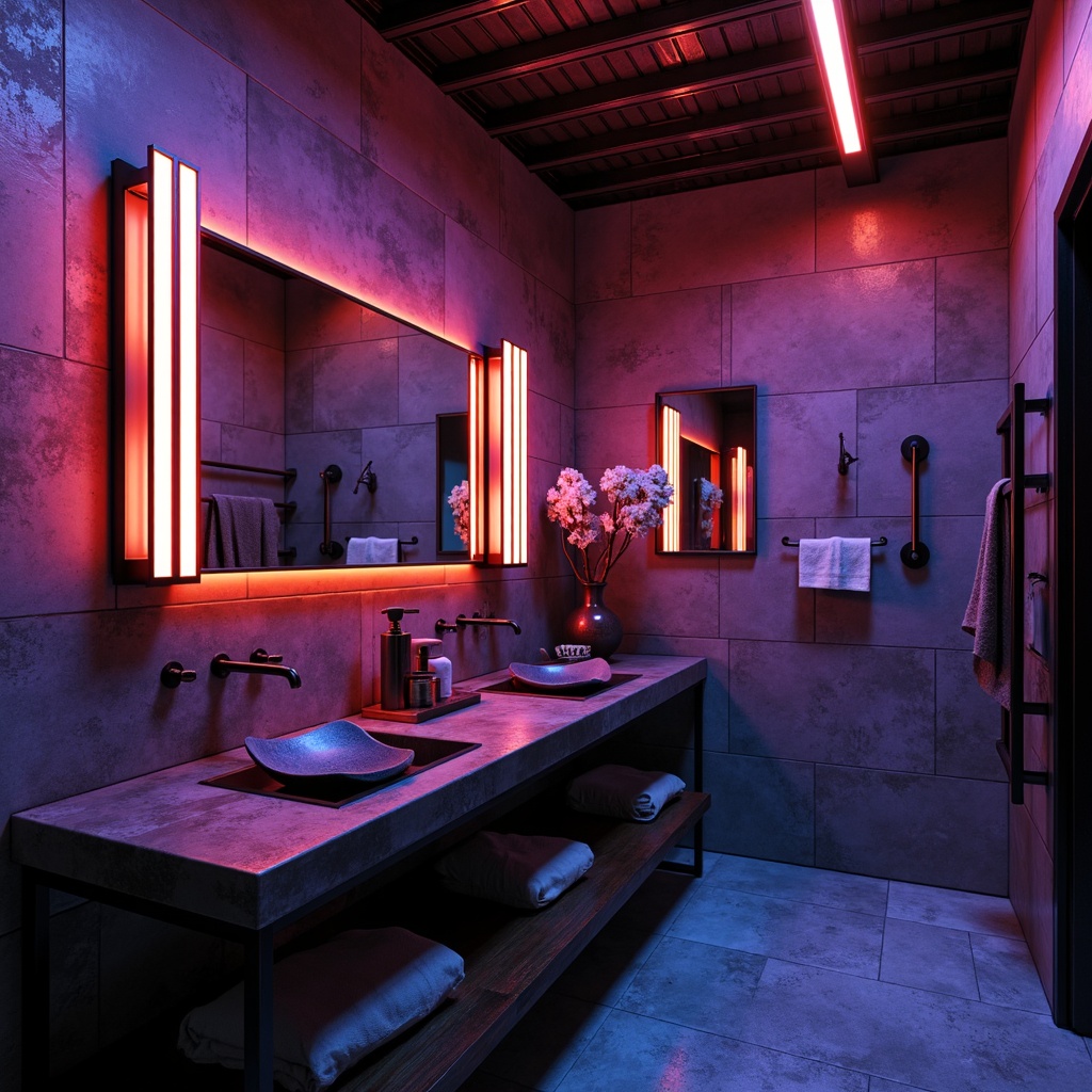 Prompt: \Dramatic bathroom scene, expressionist style, bold color palette, abstract fixtures, sculptural sink basins, undulating mirrors, LED strip lights, neon accents, warm ambient glow, high contrast shadows, moody atmosphere, industrial metal textures, concrete walls, geometric tile patterns, artistic sconces, futuristic faucets, experimental lighting installations, dynamic reflections, low-key mysterious ambiance.\