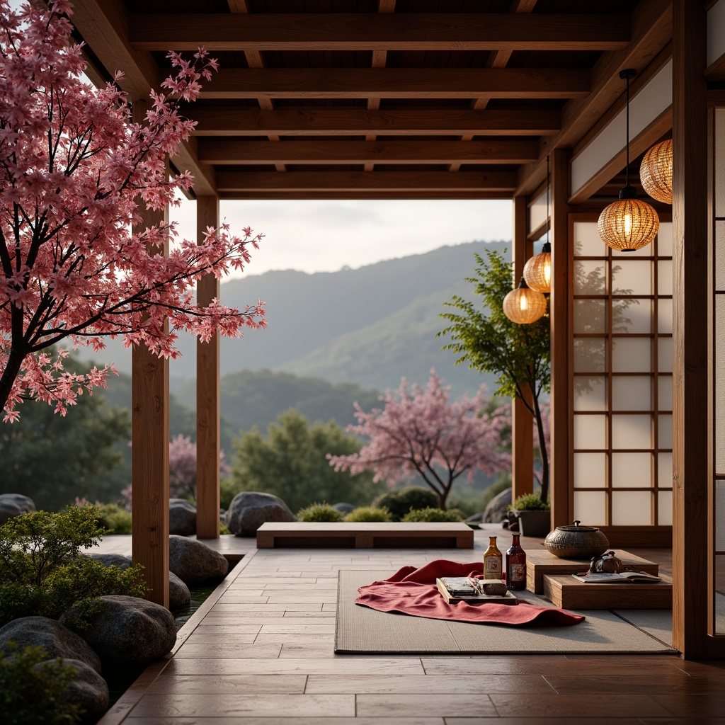 Prompt: Intricate lanterns, delicate cherry blossoms, traditional Japanese sliding doors, tatami mats, shoji screens, minimalistic wooden furniture, natural stone accents, bonsai trees, serene water features, vibrant silk fabrics, ornate ceramics, subtle aromas of incense, warm soft lighting, shallow depth of field, 1/2 composition, realistic textures, ambient occlusion.