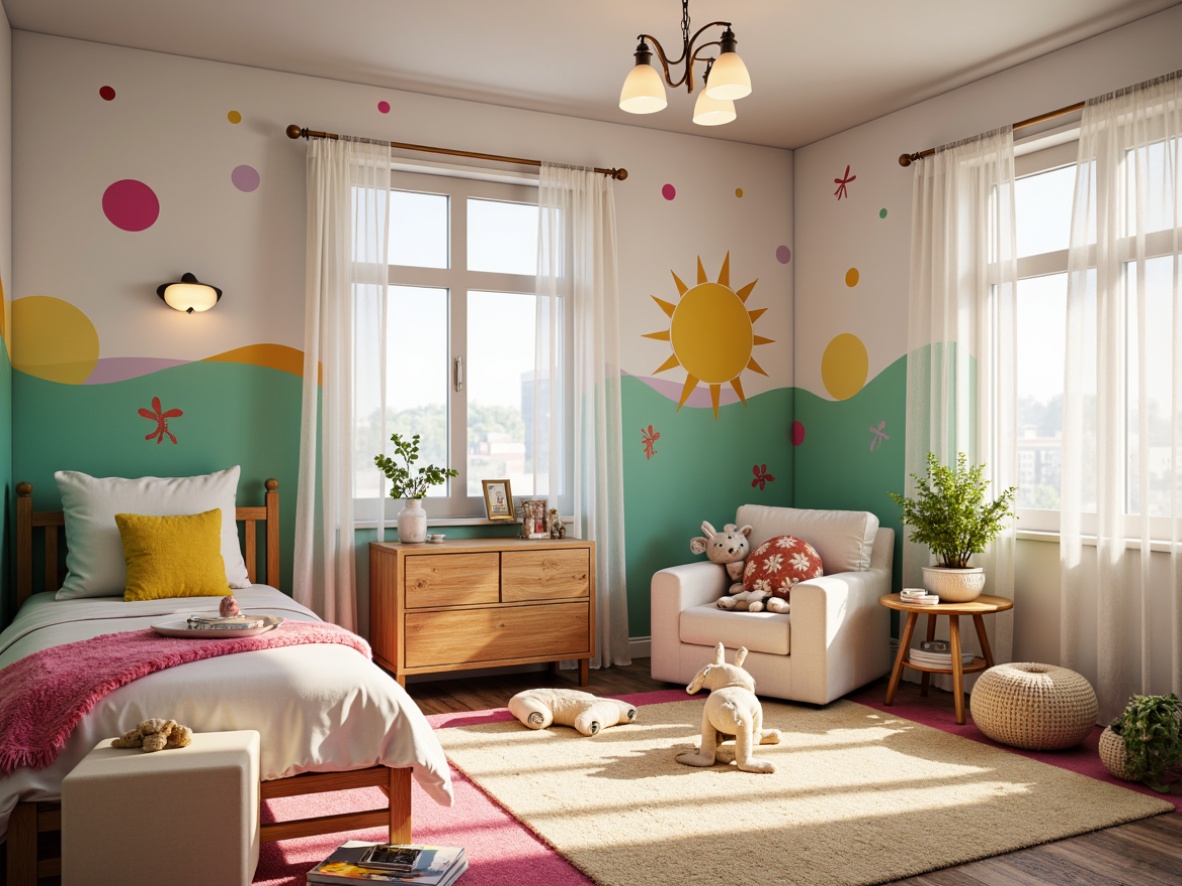 Prompt: Vibrant kids' bedroom, bright playful colors, soft pastel hues, whimsical wall murals, fun polka dots, lively stripes, cozy reading nook, plush area rug, wooden furniture, natural light, sheer curtains, warm afternoon sunbeams, 1/2 composition, shallow depth of field, soft focus, gentle color transitions.