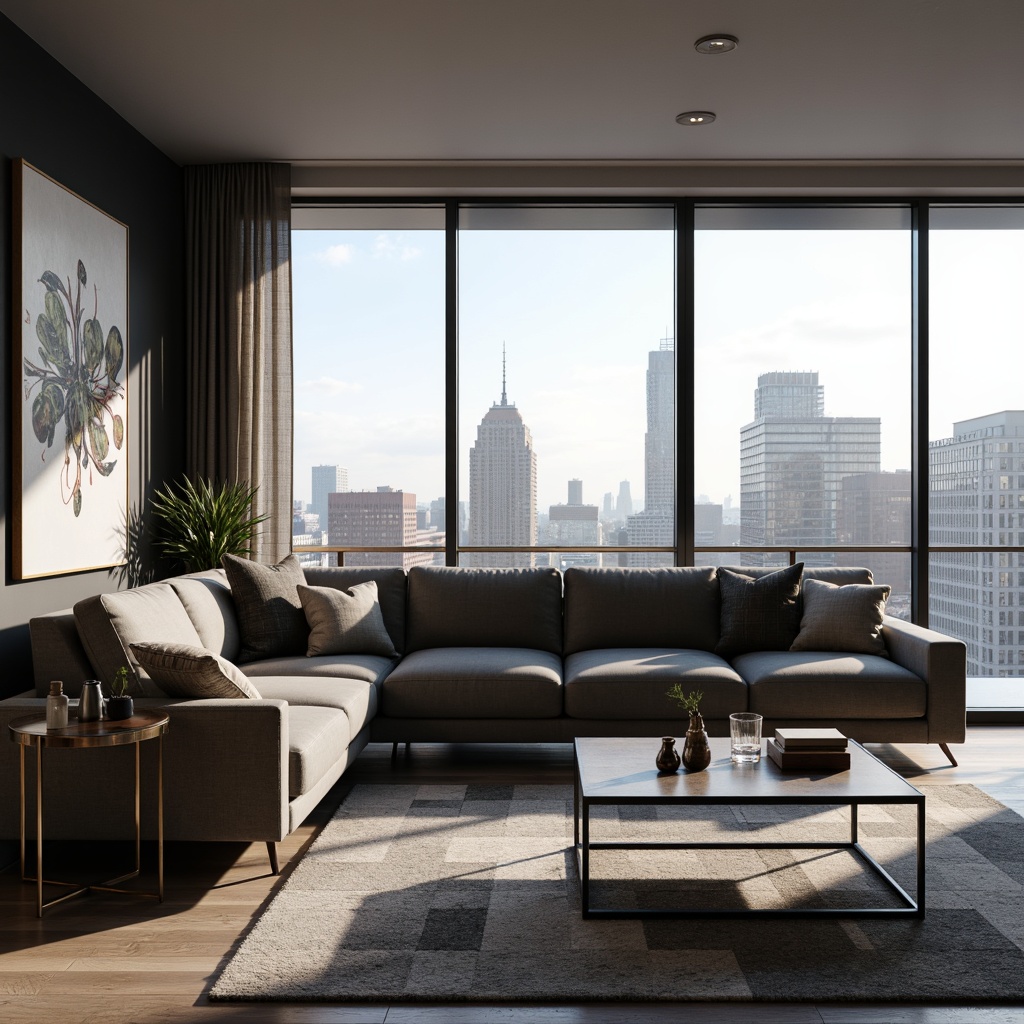 Prompt: Modern living room, minimalist decor, sleek lines, monochromatic color scheme, comfortable sectional sofa, geometric patterned rug, floor-to-ceiling windows, natural light, urban cityscape view, industrial-chic coffee table, metallic accents, abstract artwork, ambient lighting, soft warm glow, 3/4 composition, shallow depth of field, realistic textures.