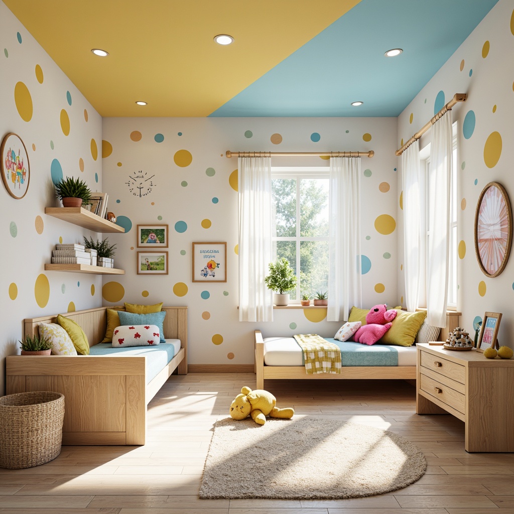 Prompt: Vibrant kids' bedroom, whimsical furniture, soft pastel hues, creamy whites, gentle yellows, soothing blues, playful polka dots, colorful stripes, educational wall decals, cheerful bedding, plush toys, natural wood accents, cozy reading nooks, warm task lighting, shallow depth of field, 1/2 composition, intimate atmosphere, realistic textures.