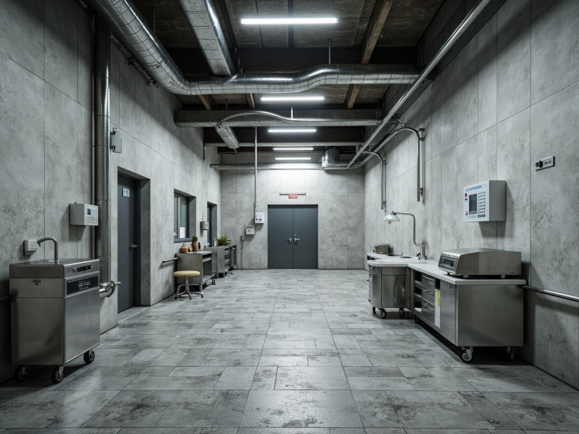 Prompt: Raw concrete walls, brutalist architecture, industrial textures, exposed ductwork, metallic beams, rough-hewn stone floors, cold gray tones, minimal ornamentation, functional simplicity, sterile atmosphere, medical equipment, stainless steel surfaces, vinyl flooring, fluorescent lighting, 1/1 composition, high-contrast shadows, realistic reflections, ambient occlusion.