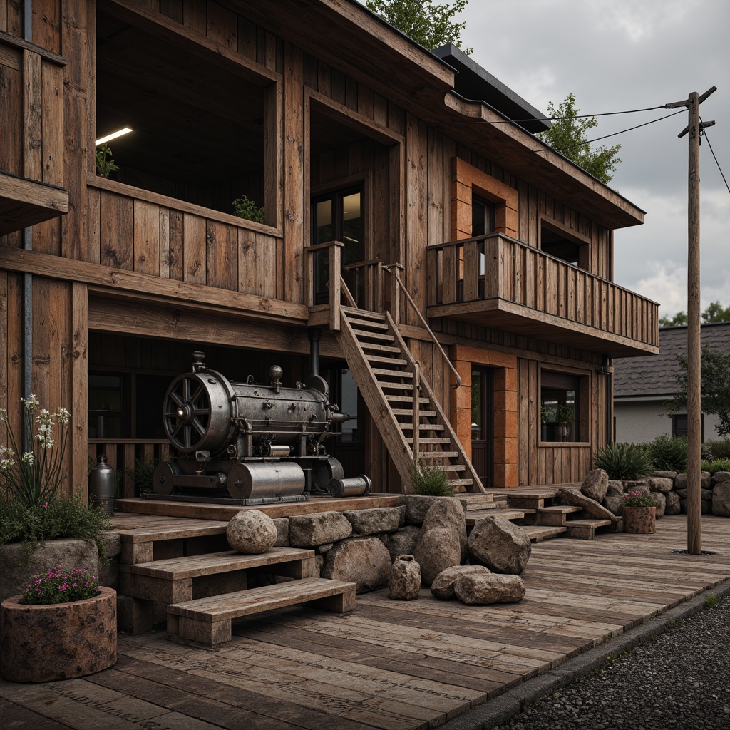 Prompt: Rustic wooden planks, distressed finishes, ornate metalwork, vintage machinery parts, exposed brick walls, reclaimed wood accents, earthy color palette, natural stone foundations, rugged terrain, overcast sky, warm diffused lighting, high dynamic range, detailed normal mapping, realistic material responses, cinematic camera angles, shallow depth of field, 2/3 composition.