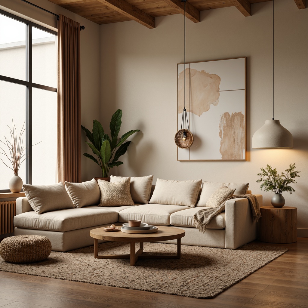 Prompt: Cozy living room, plush sectional sofa, soft velvet cushions, wooden coffee table, modern minimalist decor, warm beige walls, large windows, natural light, airy atmosphere, elegant floor lamps, abstract artwork, comfortable throw pillows, woven baskets, natural fiber rugs, warm earthy tones, inviting ambiance, relaxing retreat, calm color palette, 1/1 composition, softbox lighting, realistic textures.