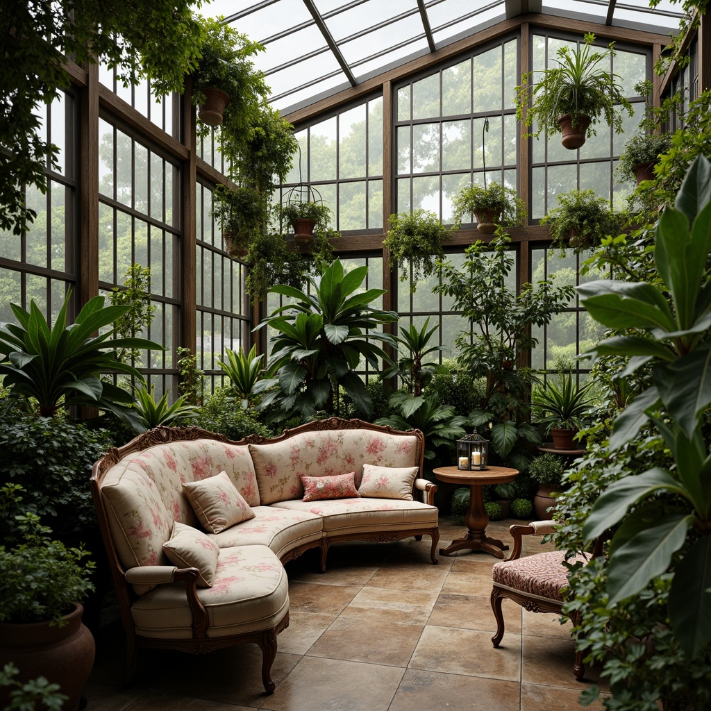 Prompt: \Elegant greenhouse interior, lush greenery, exotic plants, ornate Victorian-style furniture, distressed wood tones, velvety soft cushions, floral patterns, natural stone flooring, wooden trellises, whimsical metal lanterns, warm soft lighting, misty atmosphere, shallow depth of field, 1/2 composition, realistic textures, ambient occlusion.\