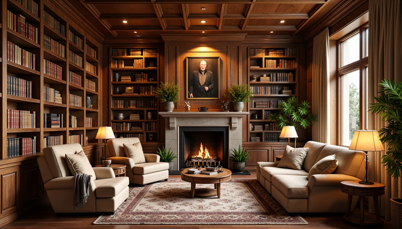 Prompt: Plush velvet armchairs, warm beige sofas, soft golden lighting, rich wooden bookshelves, vintage leather-bound books, comfortable reading nooks, elegant floor lamps, intricate rug patterns, warm earthy tones, cozy corner seats, oversized pillows, natural stone fireplace, crackling fire sounds, soothing background music, aromatic coffee scents, peaceful atmosphere, 1/2 composition, soft focus, warm color palette.