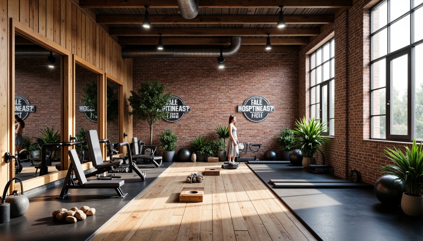 Prompt: Rustic home gym, industrial-style equipment, distressed wood accents, exposed brick walls, high ceilings, large windows, natural light pouring in, motivational quotes, athletic flooring, rubber mats, metal beams, functional layout, mirrored walls, free weights, exercise machines, cardio equipment, sound system, upbeat music, warm color scheme, cozy atmosphere, 3/4 composition, shallow depth of field, realistic textures, ambient occlusion.