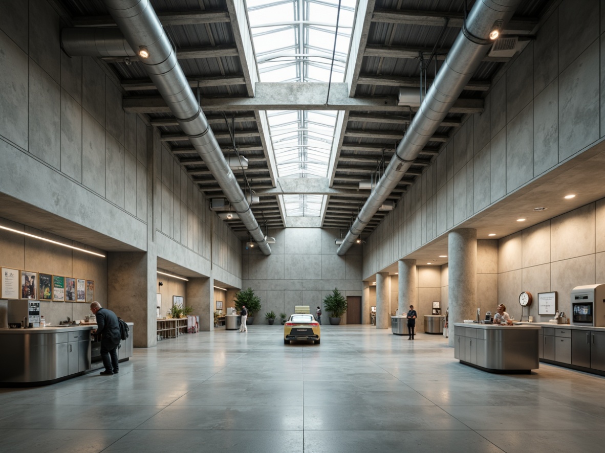 Prompt: Raw concrete walls, exposed ductwork, industrial-style lighting fixtures, steel beams, minimalist decor, functional layout, natural ventilation systems, large skylights, diffused soft light, warm color temperature, subtle shadows, 1/1 composition, symmetrical framing, brutalist architectural style, modern medical equipment, stainless steel surfaces, sleek lines, efficient workflow, ambient soundscape, realistic textures, high-contrast ratios.