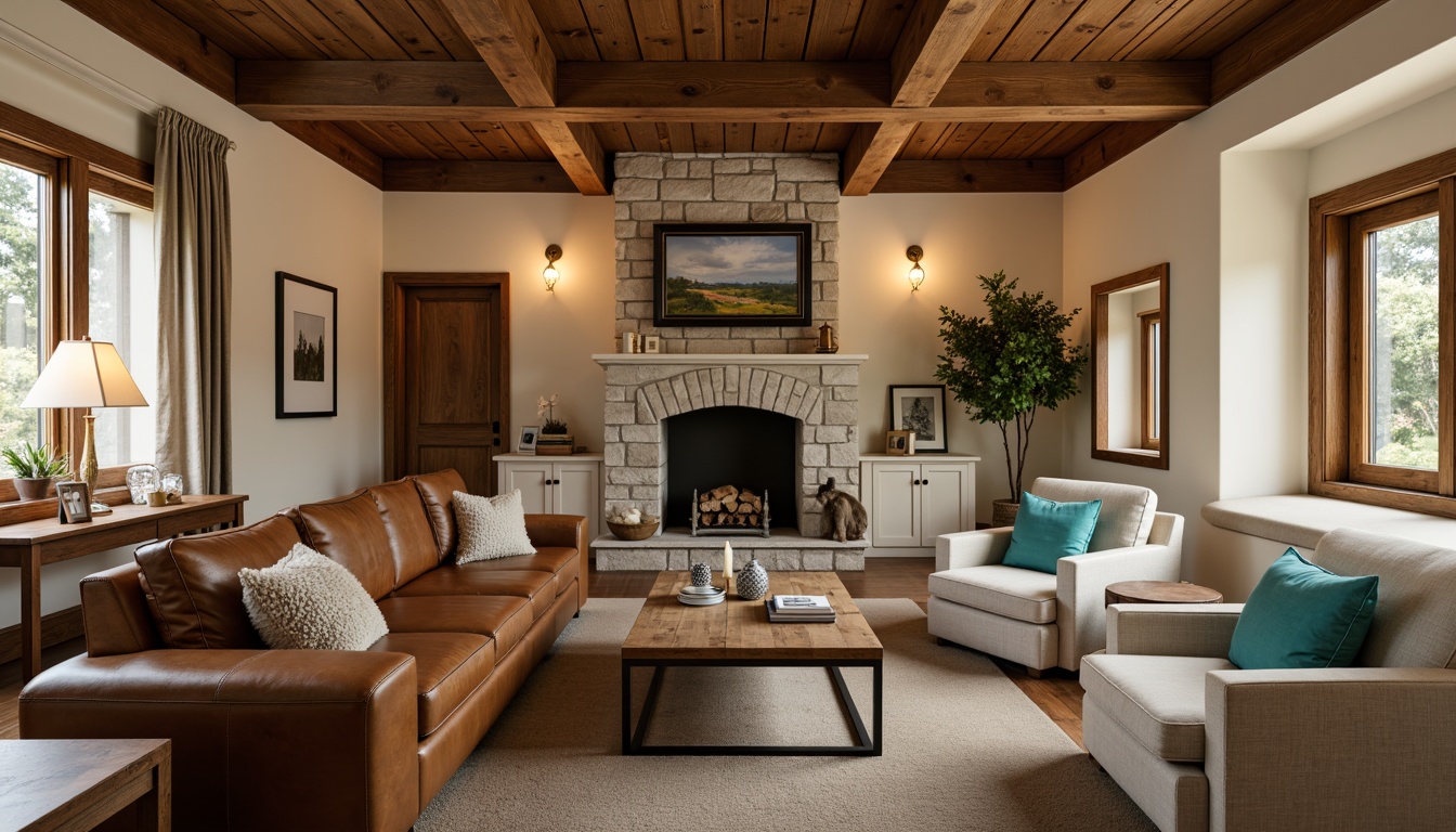 Prompt: Cozy great room, warm neutral tones, earthy brown leather sofa, plush beige armchairs, natural wood coffee table, stone fireplace, soft cream-colored walls, rich walnut flooring, vibrant turquoise accent pillows, golden metal lighting fixtures, warm ambient glow, intimate atmosphere, shallow depth of field, 1/1 composition, realistic textures.