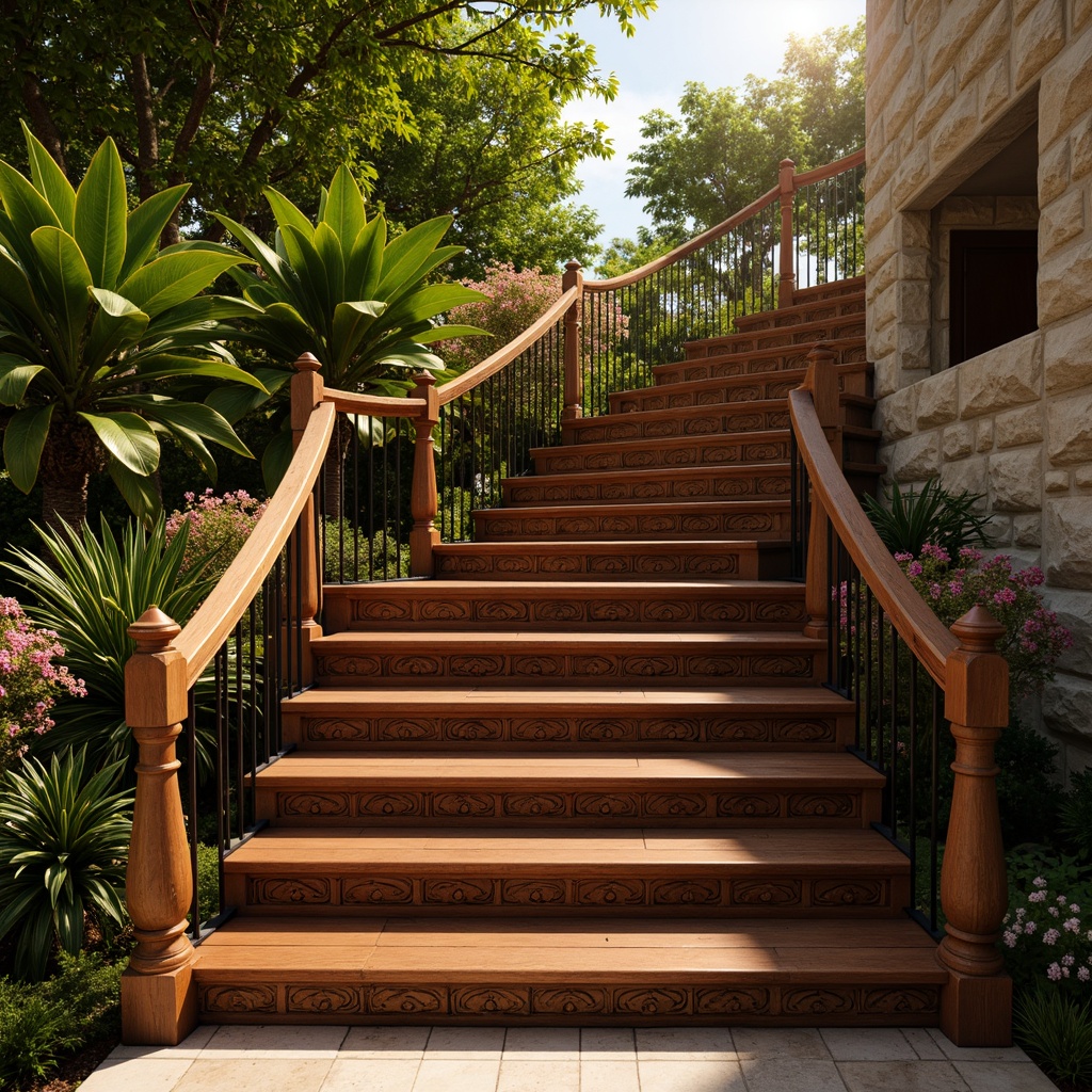 Prompt: Rich tropical hardwood handrails, ornate metal balusters, curved staircase design, lush greenery surroundings, exotic flower arrangements, natural stone walls, wooden treads with intricate carvings, polished chrome railings, warm golden lighting, soft focus photography, 1/1 composition, atmospheric perspective, realistic wood textures, ambient occlusion.