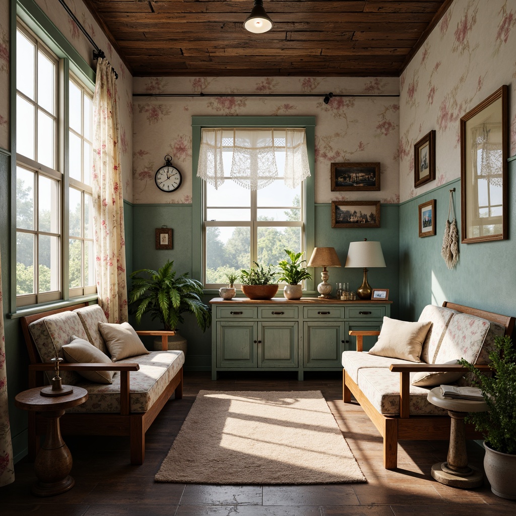 Prompt: Distressed wooden furniture, vintage medical equipment, soft pastel colors, floral patterns, lace curtains, rustic metal frames, distressed brick walls, natural stone floors, warm cozy lighting, comfortable plush sofas, decorative antique clocks, old-fashioned lanterns, lush greenery, soft gentle shadows, 1/1 composition, realistic textures, ambient occlusion.