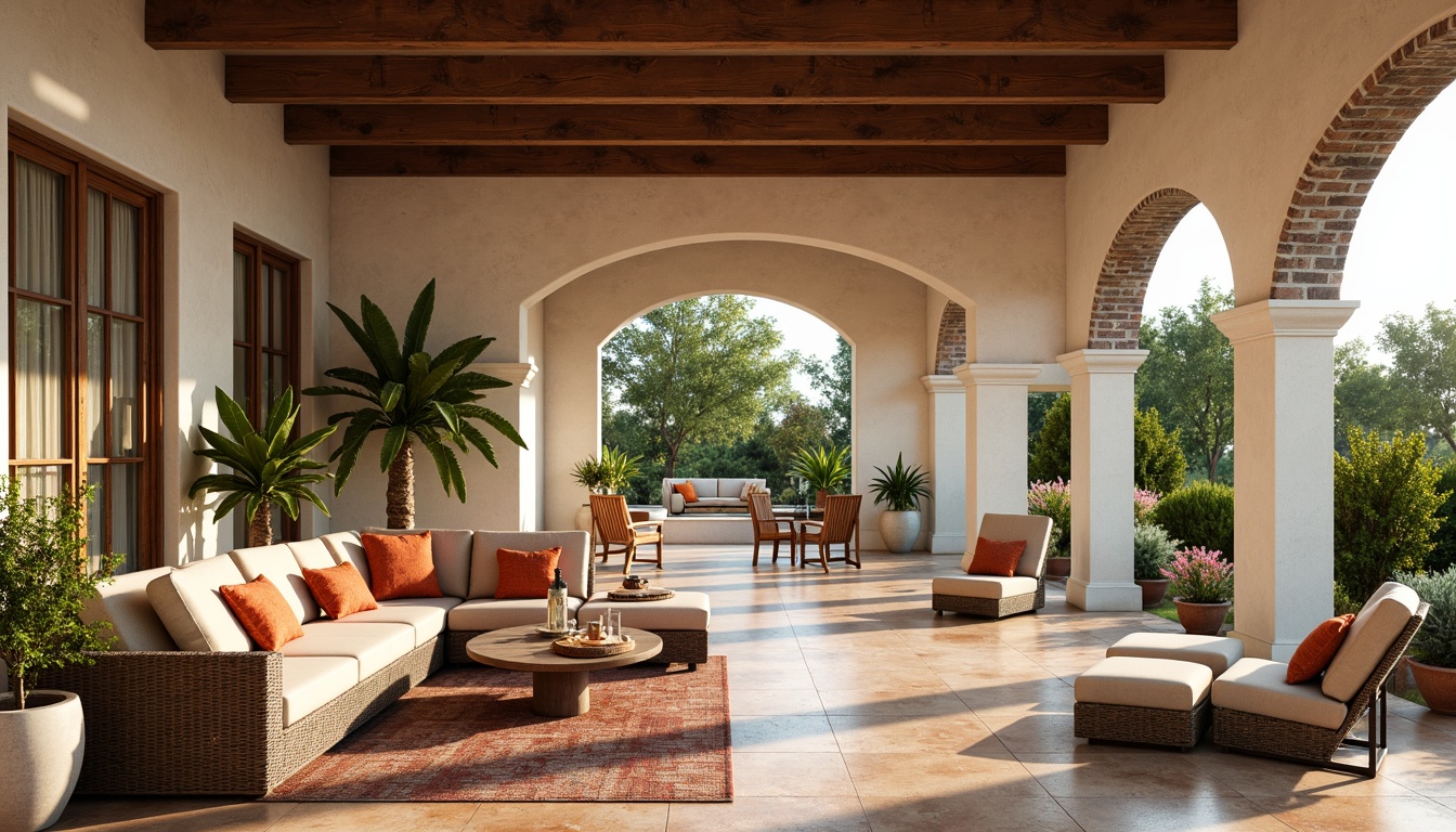 Prompt: Spacious great room, Mediterranean style, high ceilings, large windows, natural stone floors, rustic wooden beams, warm earthy tones, comfortable seating areas, plush furniture, vibrant colorful throw pillows, lush greenery, potted plants, open space layout, airy atmosphere, abundant natural light, soft warm lighting, shallow depth of field, 3/4 composition, realistic textures, ambient occlusion.