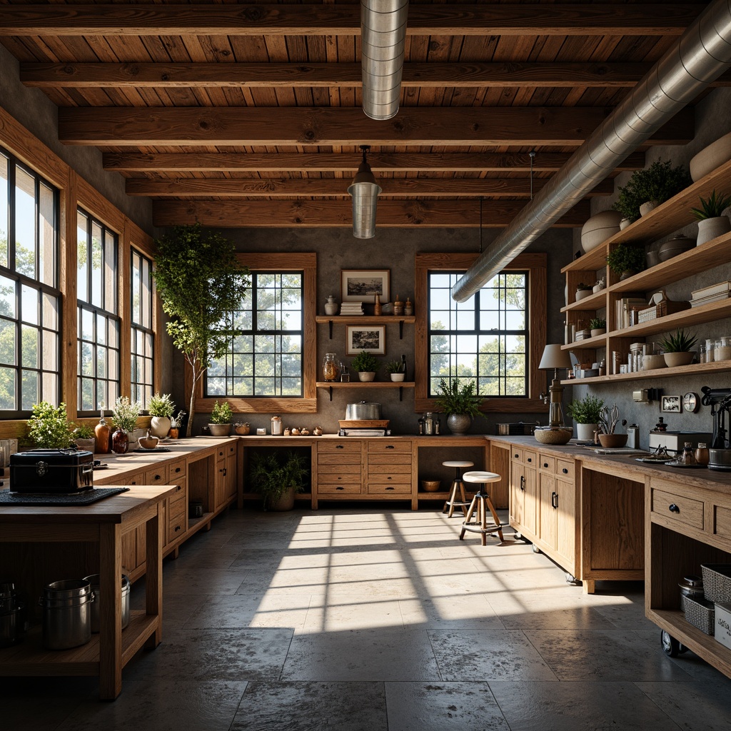 Prompt: Industrial workshop interior, warm wooden accents, distressed metal textures, earthy color palette, soothing blue tones, creamy whites, rich wood grains, natural stone floors, rustic toolboxes, vintage machinery, cozy pendant lighting, soft shadows, shallow depth of field, 1/2 composition, realistic renderings.