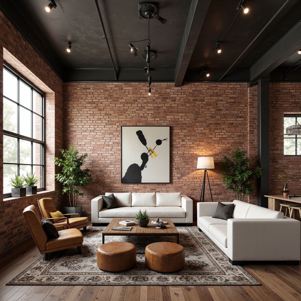 Prompt: Industrial chic loft interior, exposed brick walls, metal beams, reclaimed wood floors, minimalist decor, sleek low-profile sofas, vintage armchairs, distressed leather ottomans, wooden coffee tables, metal side tables, pendant lamps, Edison bulbs, industrial-style lighting fixtures, abstract art pieces, urban-inspired rugs, neutral color palette, natural textiles, soft warm lighting, shallow depth of field, 1/1 composition, realistic textures, ambient occlusion.