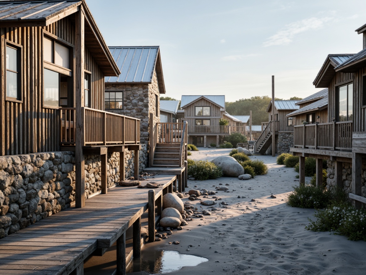 Prompt: Weathered wooden docks, driftwood accents, rustic beach huts, natural sea salt erosion, sandy dunes, ocean-worn pebbles, rough stone walls, faded nautical ropes, distressed wooden planks, vintage fishing nets, sea-sprayed glass windows, weathered metal railings, soft warm lighting, shallow depth of field, 3/4 composition, panoramic view, realistic textures, ambient occlusion.