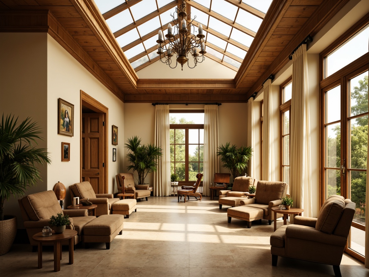 Prompt: Sun-drenched sunroom, classicism style, warm beige walls, large skylights, majestic vaulted ceiling, elegant chandeliers, ornate wooden trim, plush velvet furnishings, rich brown leather armchairs, soft cream-colored drapes, subtle natural textures, warm golden lighting, shallow depth of field, 1/1 composition, panoramic view, realistic reflections, ambient occlusion.