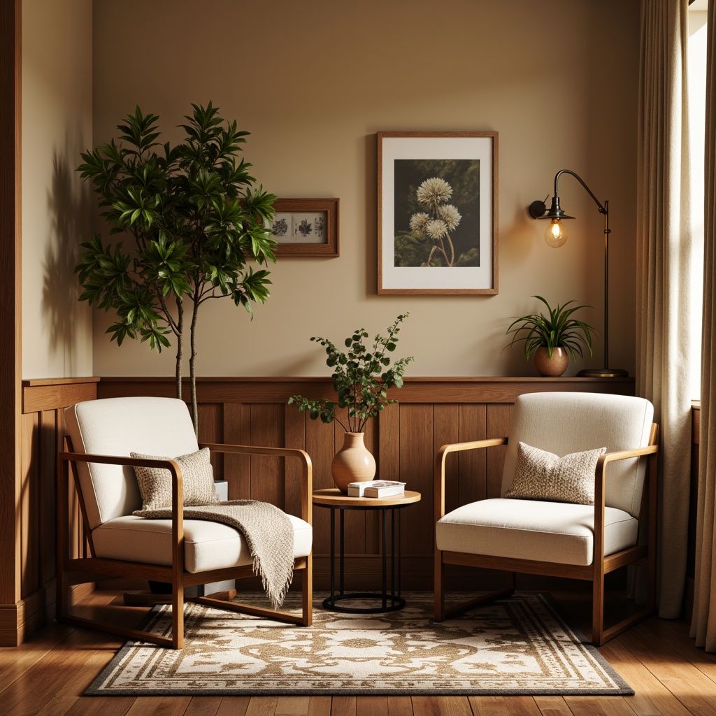 Prompt: Cozy nook, warm ambient lighting, natural wood tones, minimalist metal legs, comfortable cushioned chairs, soft plush throw blankets, rustic wooden tables, earthy terracotta vases, lush greenery plants, delicate ceramic decorative accents, geometric patterned rugs, warm beige wall colors, soft focus photography, shallow depth of field, 1/2 composition, realistic textures, ambient occlusion.