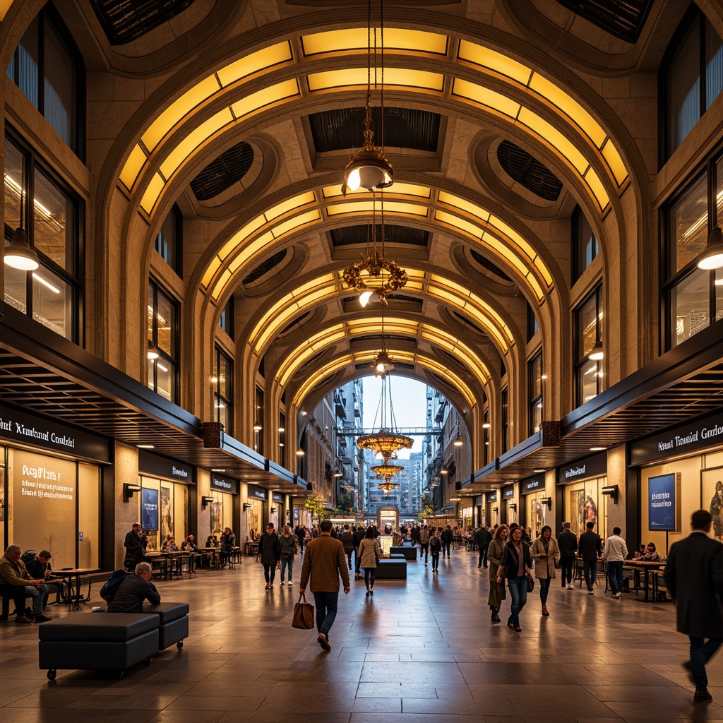 Prompt: Grand metro station, transitional style, elegant arches, ornate details, warm golden lighting, suspended lanterns, LED strips, futuristic chandeliers, modern steel beams, polished marble floors, vibrant colored accents, dynamic ceiling patterns, gradual ambient illumination, 1/1 composition, softbox lights, realistic reflections, atmospheric fog effects, rush hour scenes, busy pedestrian traffic, urban cityscape.