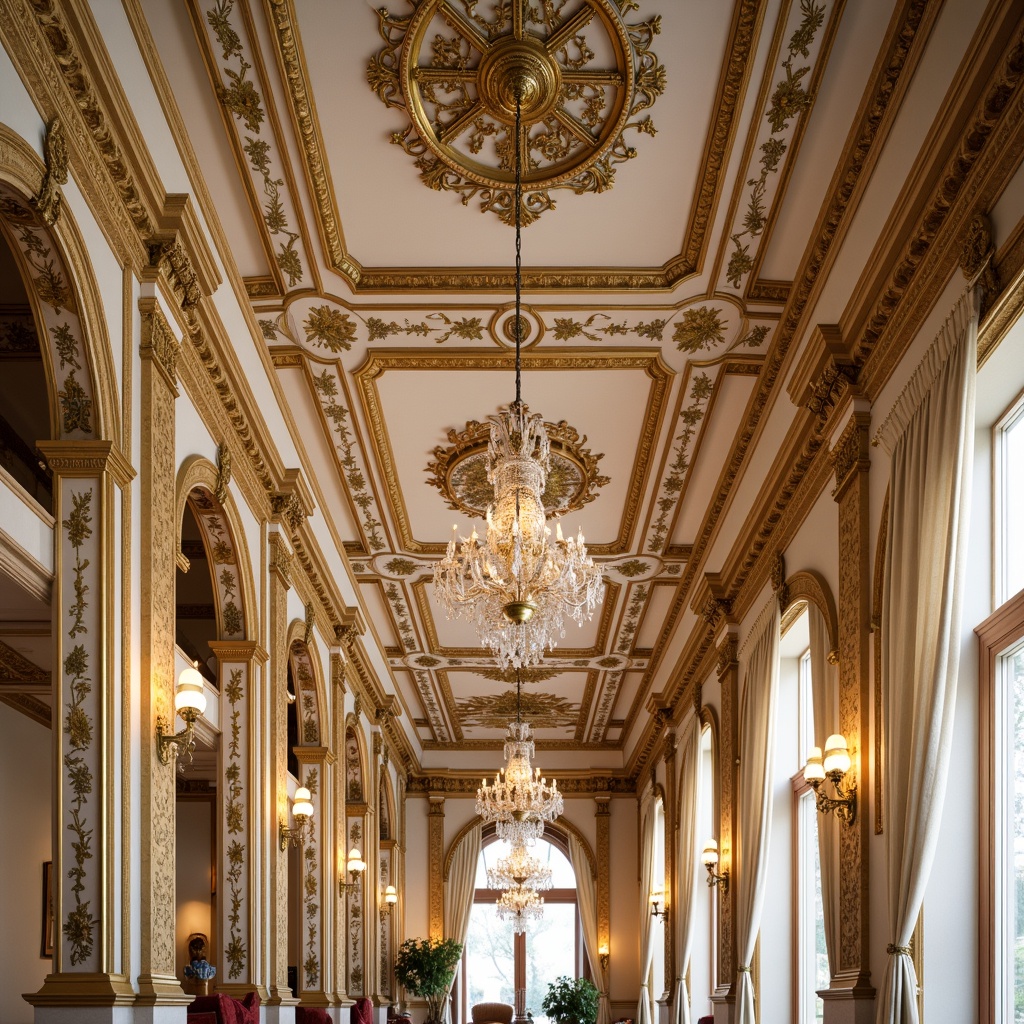 Prompt: Ornate Rococo-style ceiling, intricately carved wooden panels, gilded accents, crystal chandeliers, delicate floral patterns, soft cream colors, luxurious velvet fabrics, ornamental moldings, grandiose proportions, elegant curves, lavish decorations, warm golden lighting, shallow depth of field, 1/1 composition, realistic textures, ambient occlusion.