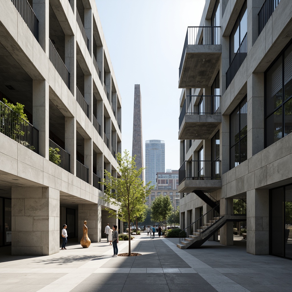 Prompt: Minimalist open courtyard, brutalist concrete walls, industrial metal beams, functional staircases, cantilevered balconies, large glass windows, sliding doors, abstract sculptures, geometric floor patterns, monochromatic color scheme, natural ventilation systems, abundant daylight, 1/1 composition, high-contrast lighting, dramatic shadows, urban cityscape background, modern urban lifestyle, simplicity and functionality emphasis, clean lines and shapes, functional minimalism, avant-garde artistic vibe.