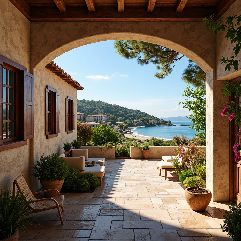 Prompt: Warm Mediterranean villa, rustic stone walls, terra cotta roofs, ornate ironwork, wooden shutters, vibrant bougainvillea, lush greenery, turquoise waters, sandy beach, clear blue sky, warm sunlight, soft atmospheric lighting, shallow depth of field, 1/1 composition, realistic textures, ambient occlusion, textured stucco surfaces, distressed wood accents, earthy color palette, natural stone flooring, woven rattan furniture, ornate ceramic tiles.