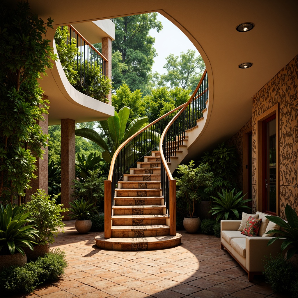 Prompt: Winding tropical staircase, rich wooden handrails, ornate metal balusters, exotic hardwood treads, natural fiber carpeting, lush greenery walls, vibrant floral patterns, warm golden lighting, soft misty atmosphere, shallow depth of field, 3/4 composition, realistic wood textures, ambient occlusion, tropical leaf-inspired motifs, colorful woven textiles, intricate carvings.