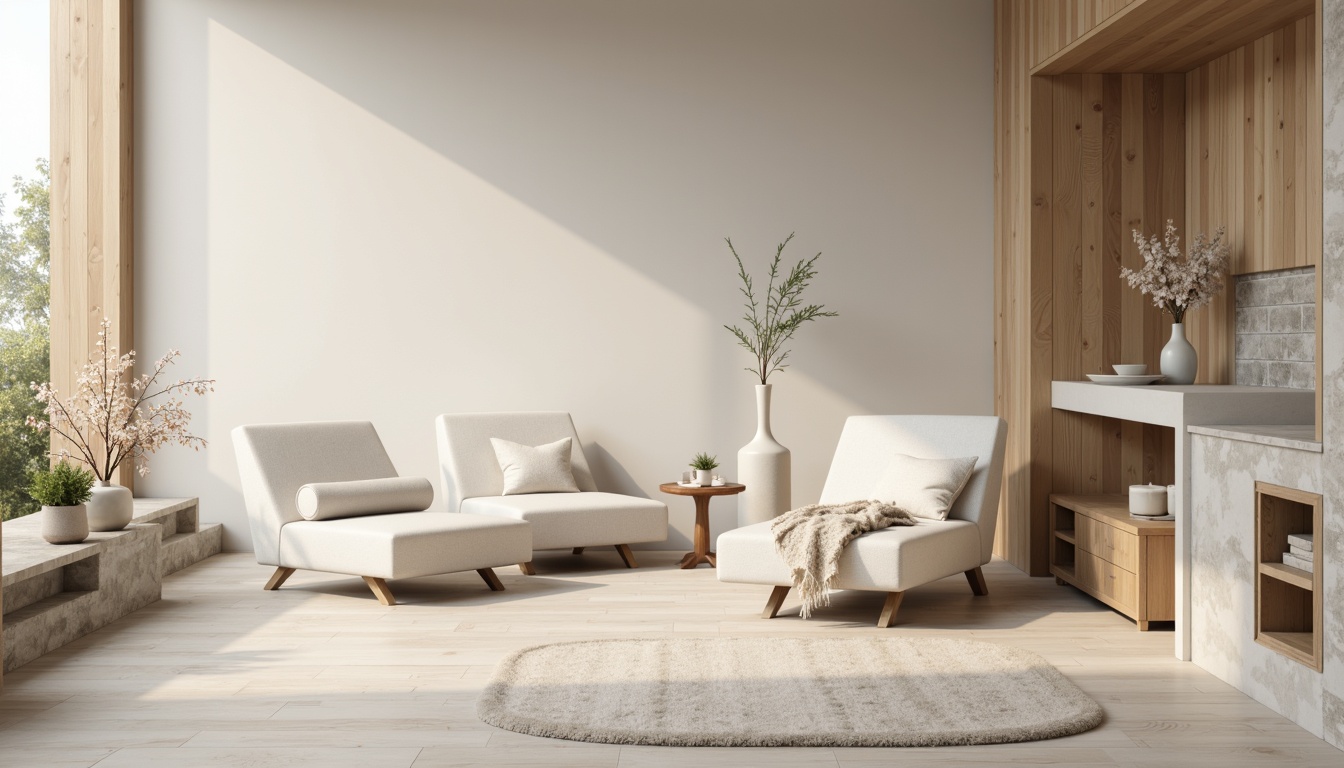 Prompt: Serene atmosphere, neutral color palette, calming shades, creamy whites, soft grays, taupe tones, beige textures, natural materials, wooden accents, stone features, minimalist decor, clean lines, simple forms, subtle patterns, earthy undertones, warm ambient lighting, shallow depth of field, 1/1 composition, realistic renderings.