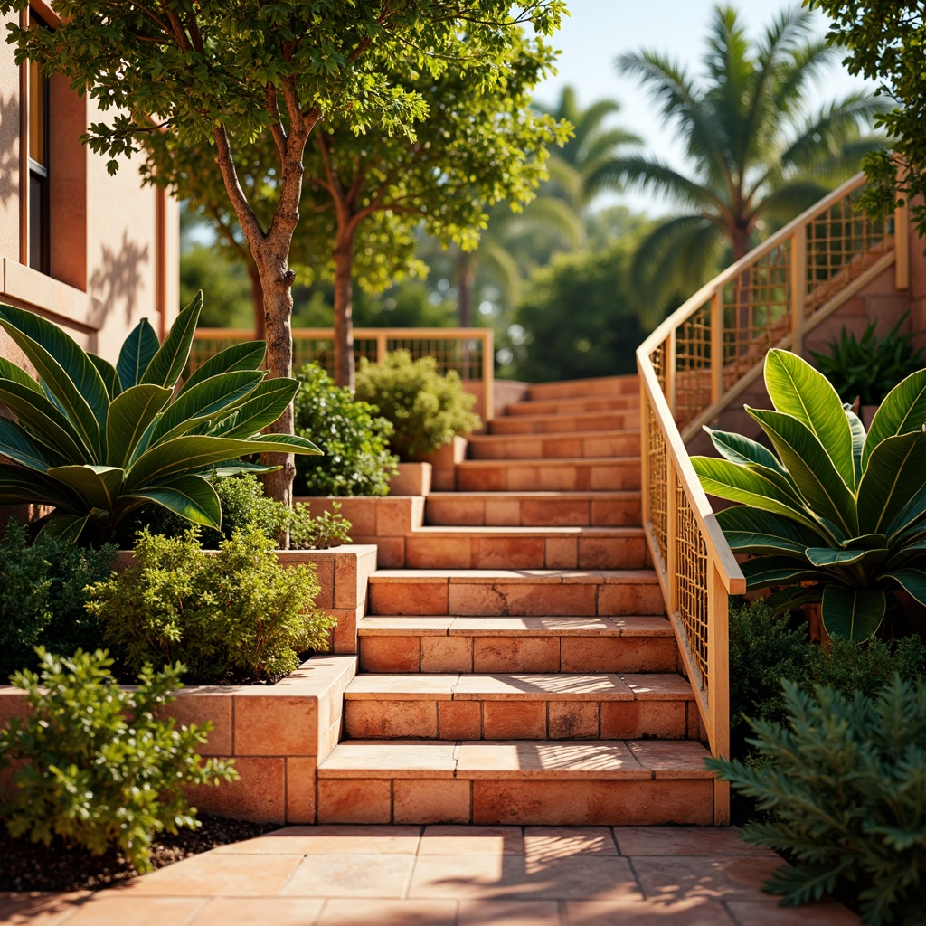 Prompt: Vibrant tropical staircase, rich wood tones, warm beige handrails, exotic leaf patterns, lush greenery surroundings, natural stone walls, earthy terracotta flooring, bright coral accents, sunny yellow highlights, ocean-inspired blue hues, intricate island motifs, woven rattan railings, soft golden lighting, shallow depth of field, 1/1 composition, realistic textures, ambient occlusion.