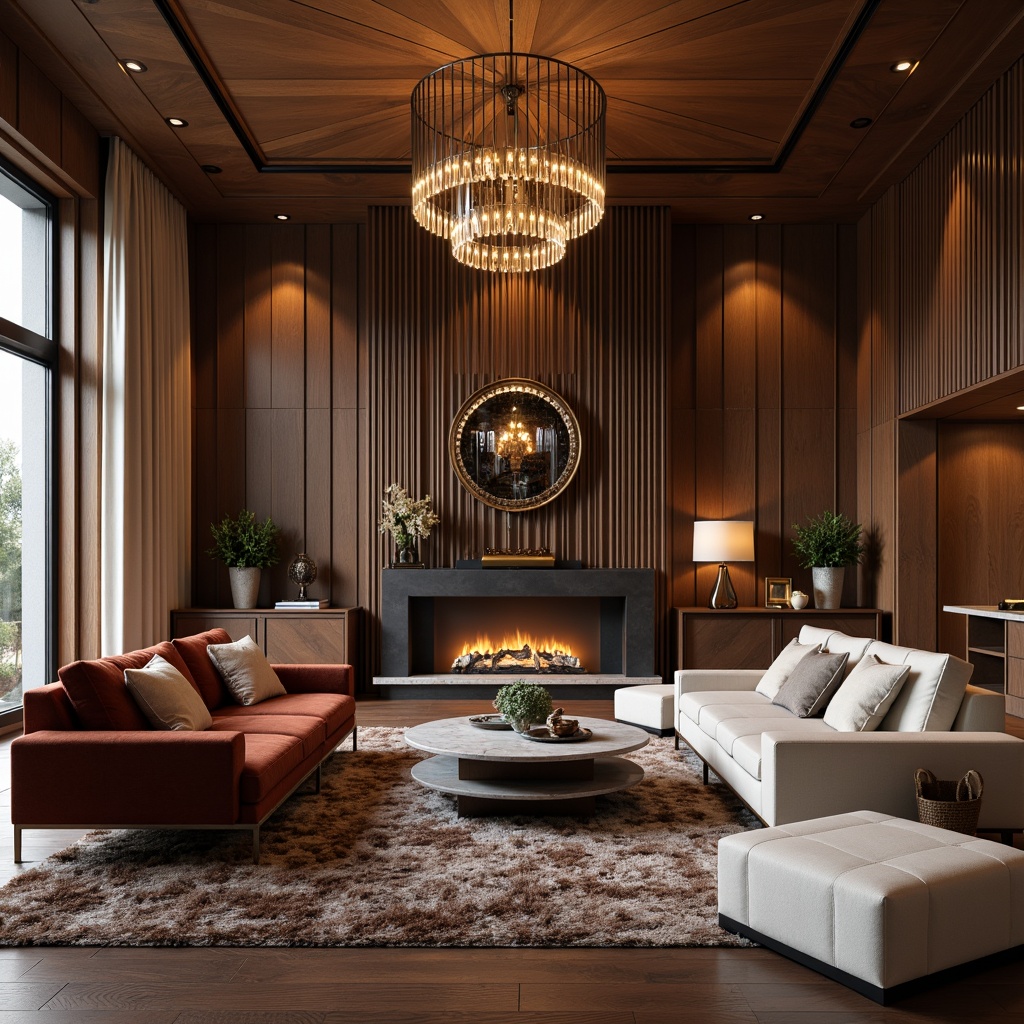 Prompt: Luxurious living room, rich wood paneling, velvet sofas, marble coffee tables, metallic accents, plush area rugs, sleek glass chandeliers, natural stone fireplaces, warm ambient lighting, shallow depth of field, 3/4 composition, soft focus, realistic textures, subtle shading.