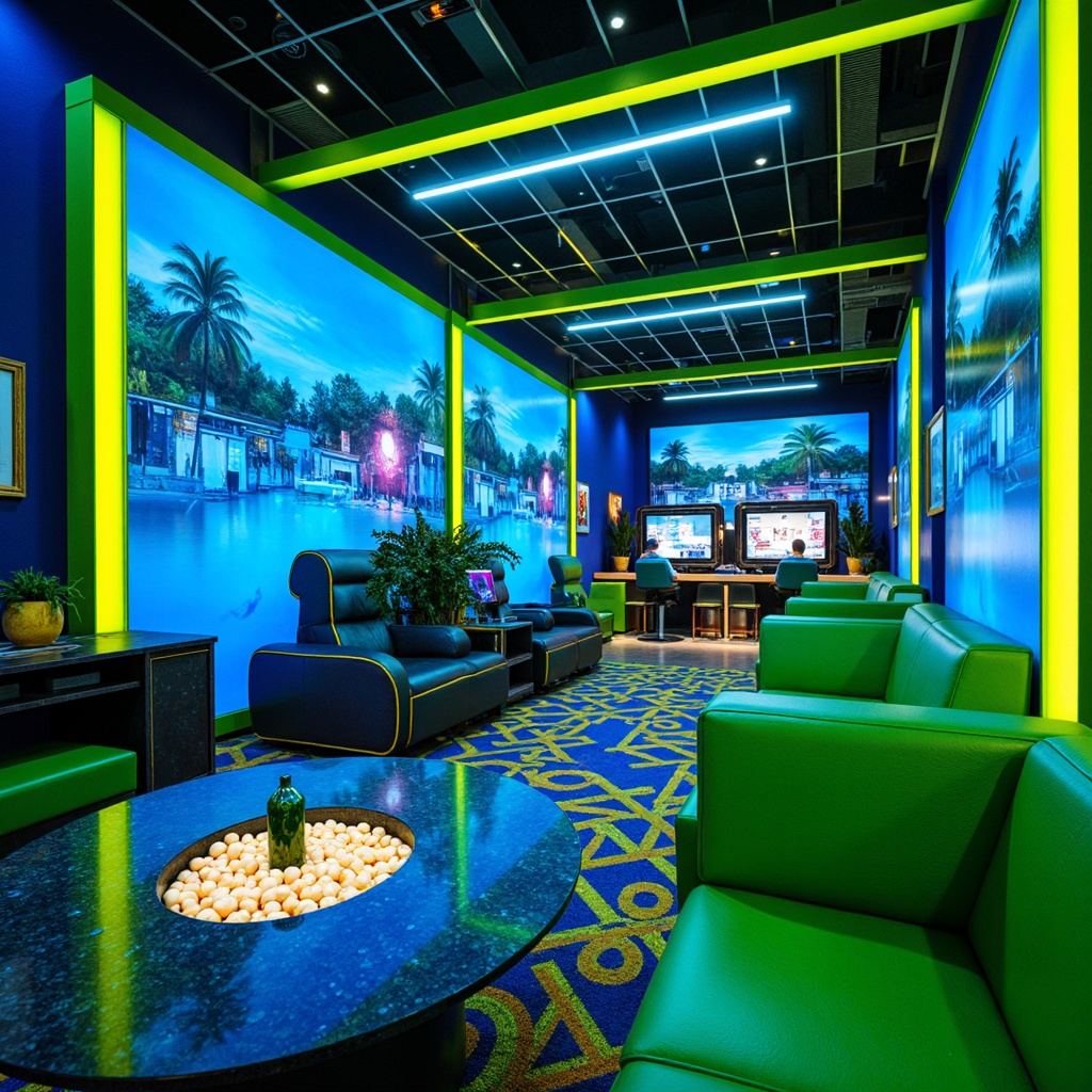 Prompt: Vibrant game room, bold color scheme, neon accents, electric blue walls, bright green furniture, warm yellow lighting, futuristic decorations, high-tech gadgets, sleek metallic surfaces, geometric patterns, dynamic textures, immersive atmosphere, dramatic shadows, shallow depth of field, 3/4 composition, cinematic view, realistic rendering.