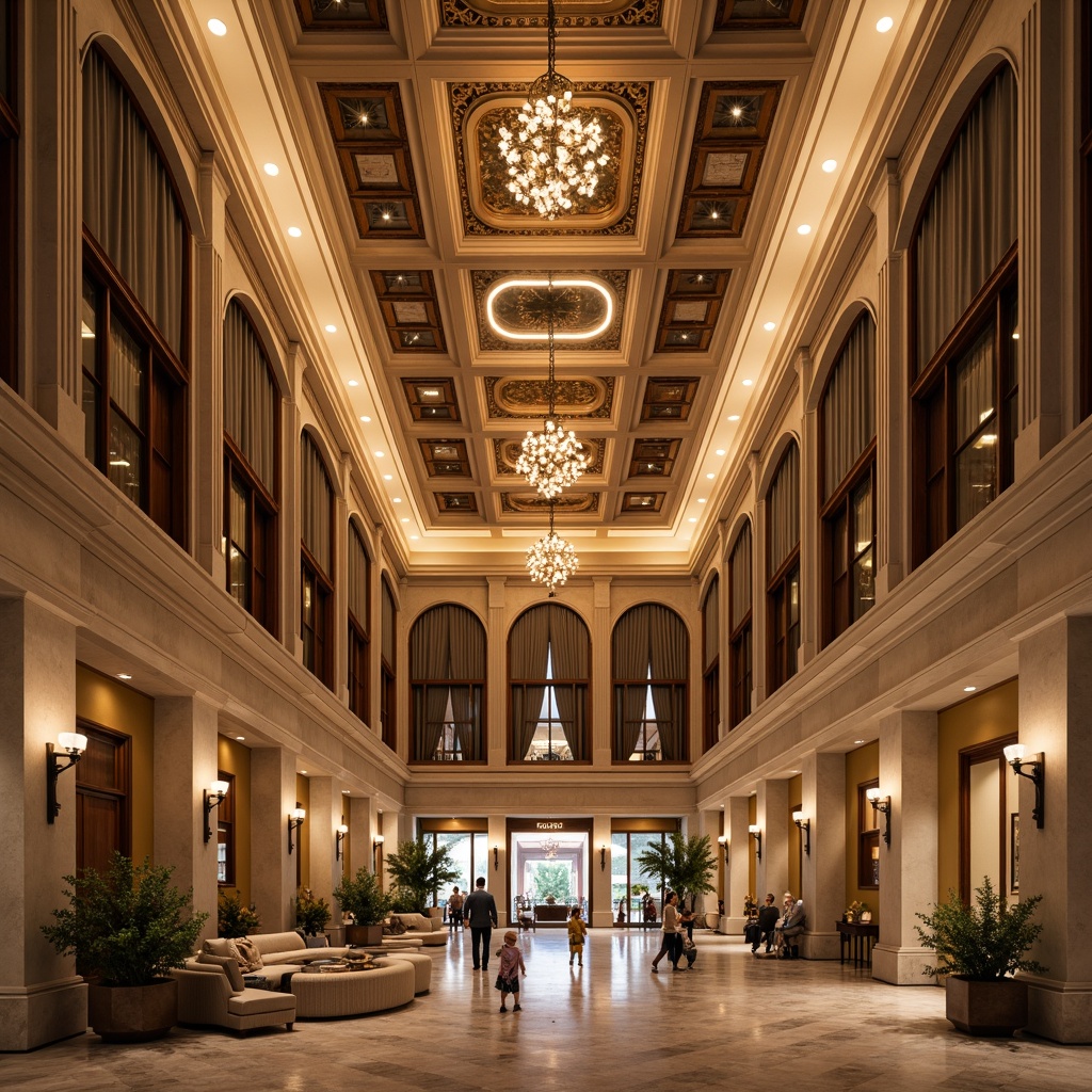 Prompt: Grand community center, classical architecture, ornate details, Corinthian columns, symmetrical facade, warm golden lighting, soft glow, chandeliers, sconces, pendant lights, LED strips, recessed lighting, coffered ceiling, marble floors, wooden accents, velvet drapes, elegant furnishings, spacious atrium, natural stone walls, subtle color palette, ambient illumination, 1/2 composition, shallow depth of field, realistic textures, warm afternoon light.