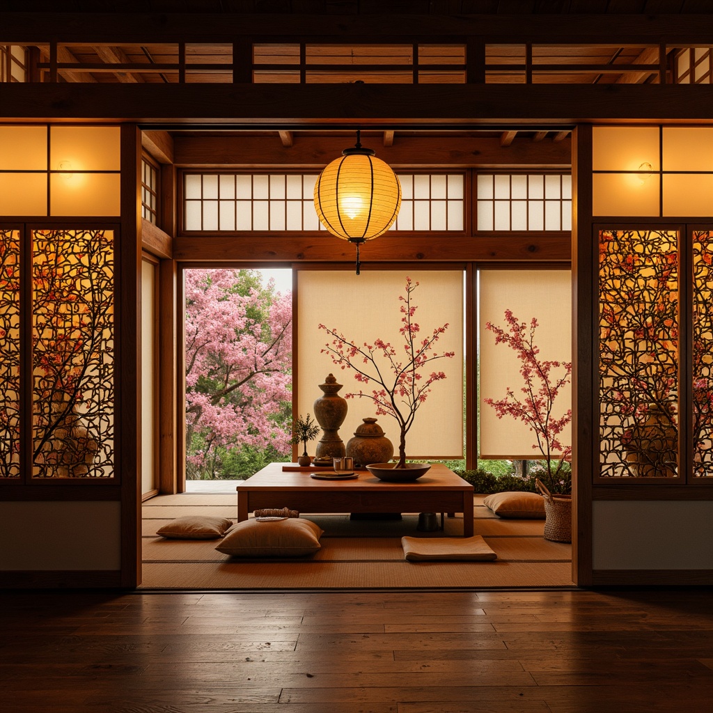 Prompt: Traditional Japanese lanterns, intricately carved wooden screens, delicate cherry blossom patterns, vibrant kimono fabrics, rustic stone vases, serene bamboo fountains, ornate fans, elegant silk drapes, subtle rice paper textures, warm tatami mats, minimalistic sliding doors, natural wood accents, soft diffused lighting, shallow depth of field, 1/1 composition, intimate atmosphere.