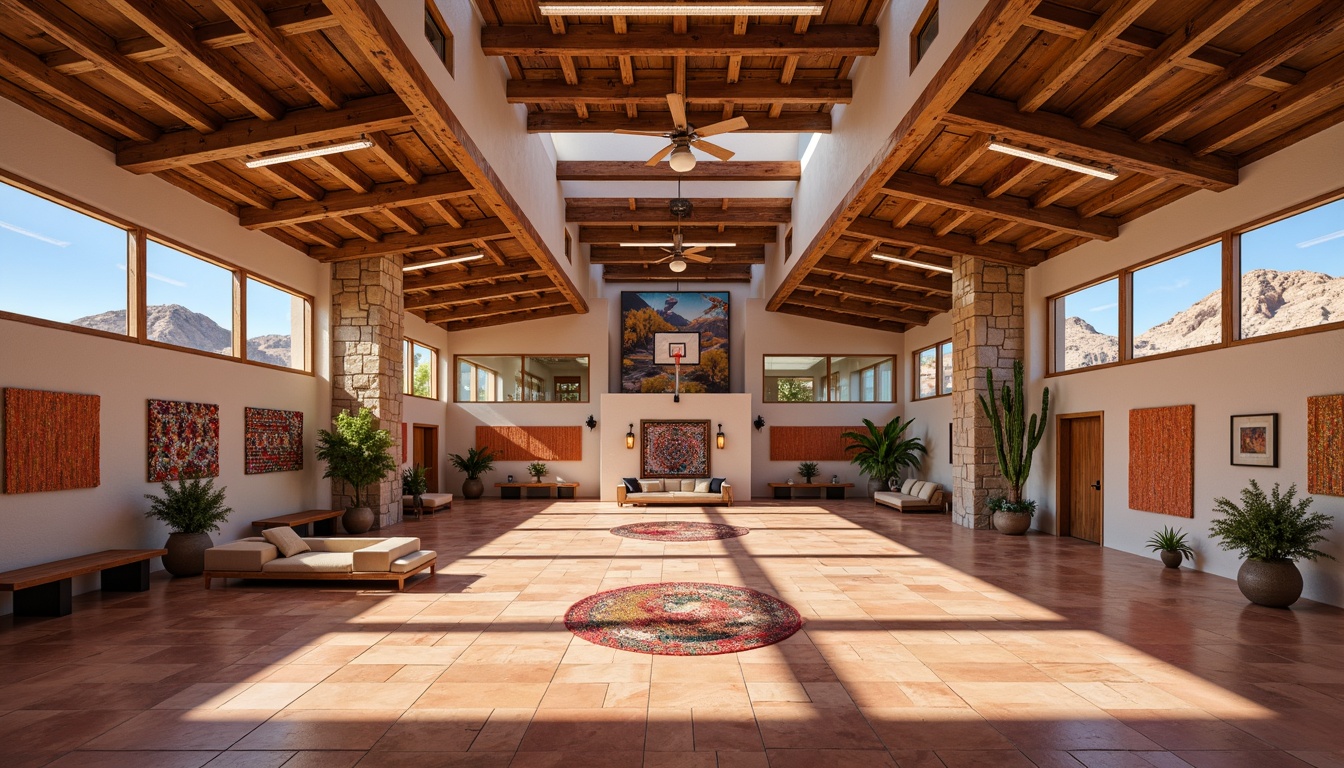 Prompt: Vibrant southwestern-style gymnasium, exposed wooden beams, earthy color palette, terracotta flooring, natural stone walls, rustic metal accents, large windows, clerestory lighting, warm softbox lights, industrial pendant lamps, LED strip lights, colorful textile accents, woven basket-inspired patterns, desert landscape views, clear blue skies, sunny day, shallow depth of field, 3/4 composition, panoramic view, realistic textures, ambient occlusion.