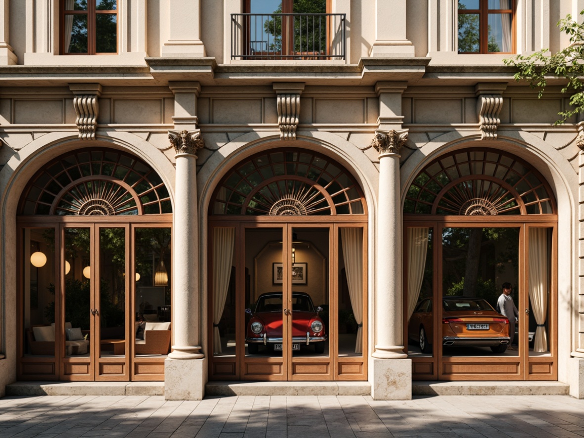 Prompt: Ornate garage doors, classic columns, symmetrical facade, rustic stone walls, ornamental metalwork, decorative cornices, arched windows, grand entrance, elegant lanterns, refined brickwork, vintage car displays, polished wooden floors, distressed finishes, warm beige tones, soft natural lighting, subtle shadows, 1/2 composition, atmospheric perspective, detailed textures, realistic reflections.